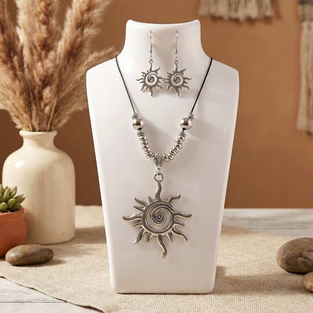 Boho Chic Tribal Sun Pendant Necklace Set 🌞 Silver Plated Statement Jewelry